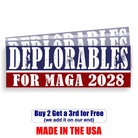 DEPLORABLES FOR MAGA 2028 Vance Trump - Bumper Sticker 3.5" x 9" - MADE IN USA - Red, White & Blue