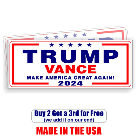Trump Vance 2024 MAGA - Bumper Sticker 3.5" x 9" - MADE IN USA - Red, White & Blue Bars