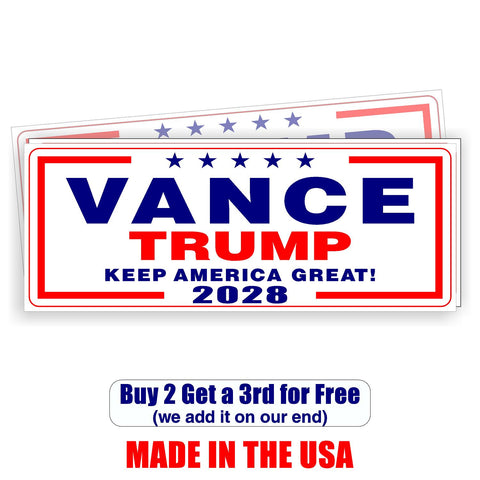 VANCE TRUMP VP 2028 MAGA - Bumper Sticker 3.5" x 9" - MADE IN USA - Red, White & Blue Bars